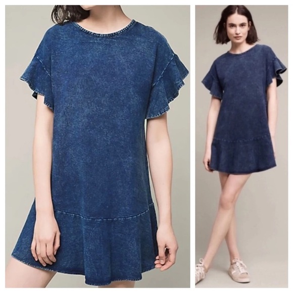 Anthropologie Saturday Sunday Odette Indigo Washed Ruffle Sleeve Mini Dress M - Picture 1 of 13